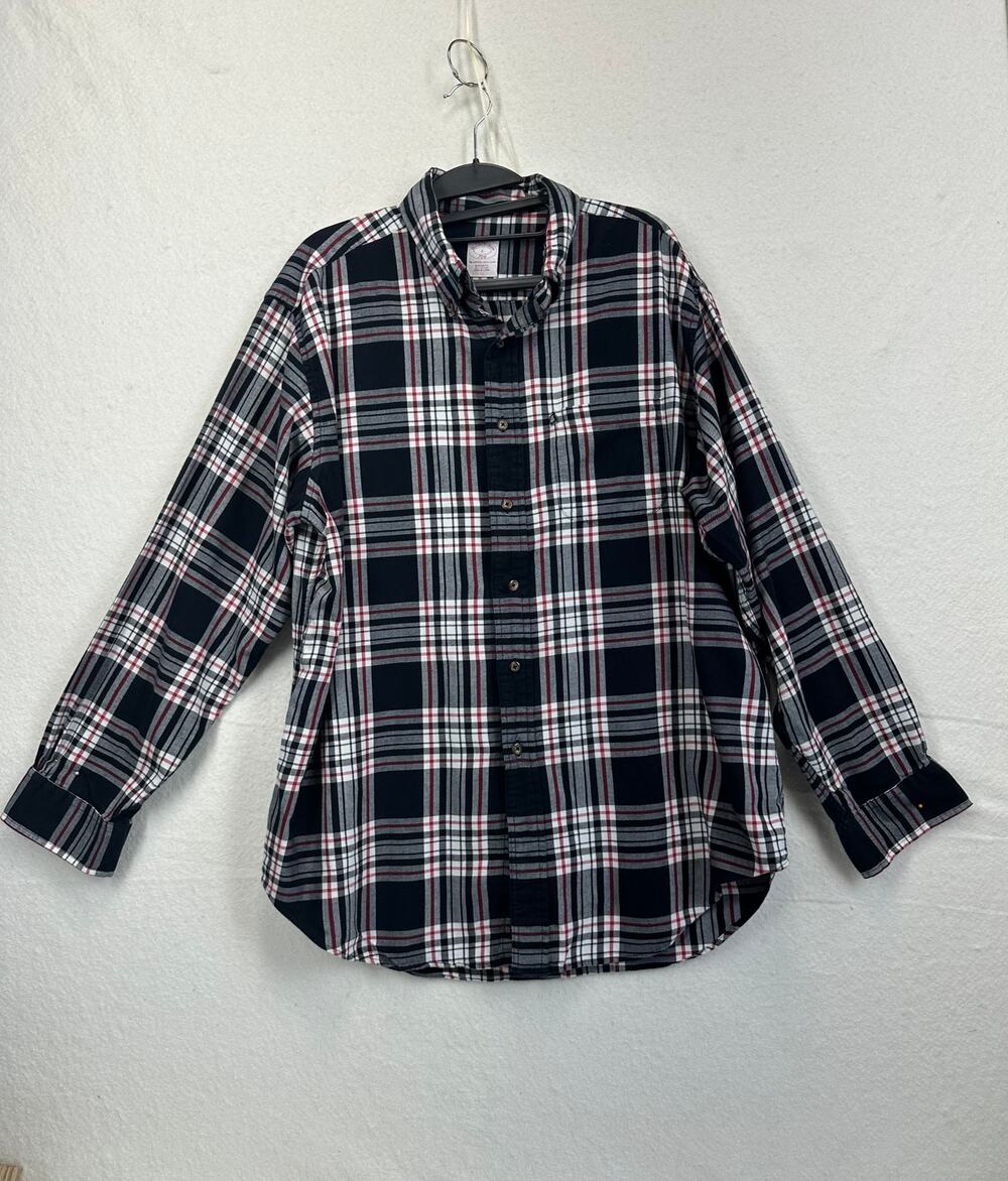 Brooks Brothers 346 L Plaid Button Down Men's Black White Red Cotton Flannel